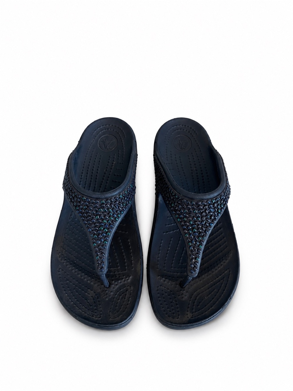 CROCS Navy Blue Platform Flip Sandals with Iridescent Embellishments - Picture 5 of 10